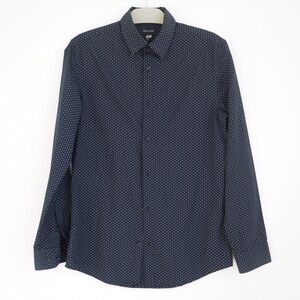 H&M Navy Blue Polka Dot Long Sleeve Slim Fit Button Up Shirt Size S Easy Iron